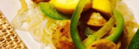 Shirataki Noodles Recipe with Chicken Sausage, Bell Peppers, Onions, and Summer Squash