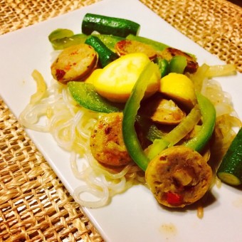 Shirataki Noodles Recipe with Chicken Sausage, Bell Peppers, Onions, and Summer Squash