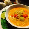 Shirataki Noodles Recipe Thai Curry Chicken Soup in bowl with squeeze of lime, garlic, and thai chilies